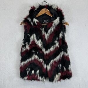 Say What Vest Juniors Medium Multicolor Faux Fur Hooded Lined Striped Teen